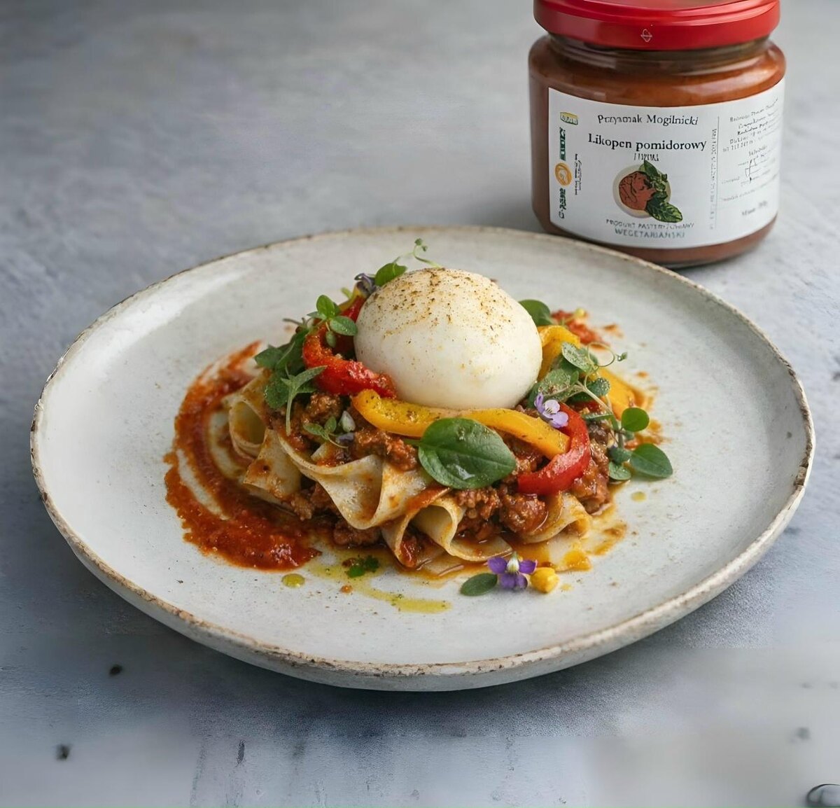 Паста с ликопином, жареным перцем и бурратой